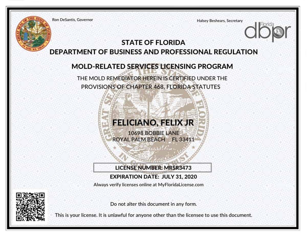 Dri Air Restoration - State of Florida Department of Business and Professional Regulation, Mold Related Services Licensing Program